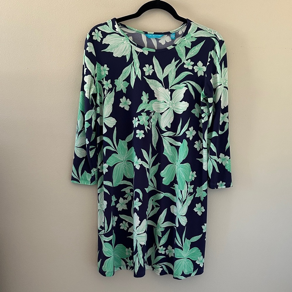 Tori Richard Womens Tropical Print Navy & Green Dress Sz Small Resortwear Travel